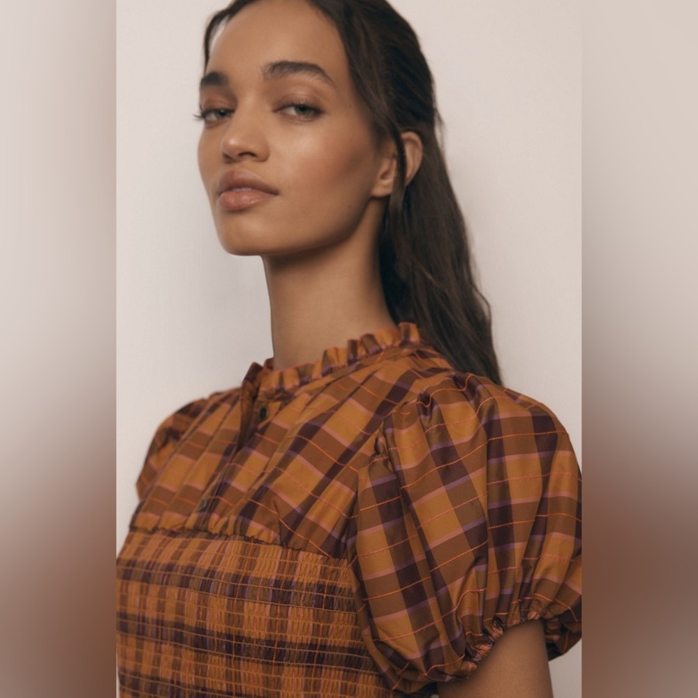 Anthropologie Maeve Puff-Sleeved Smocked Romper Orange Plaid - Size Medium - Picture 3 of 10